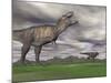 Tyrannosaurus Rex Growling as a Fellow T-Rex Runs Away-null-Mounted Art Print