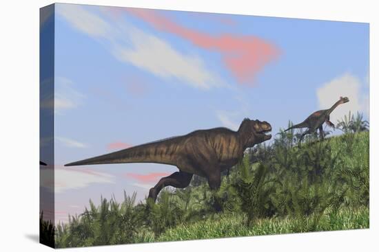 Tyrannosaurus Rex Hunting a Gigantoraptor in an Open Field-null-Stretched Canvas