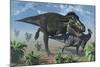 Tyrannosaurus Rex Hunting a Lone Parasaurolophus Duckbill Dinosaur-null-Mounted Art Print