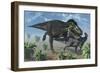 Tyrannosaurus Rex Hunting a Lone Parasaurolophus Duckbill Dinosaur-null-Framed Art Print