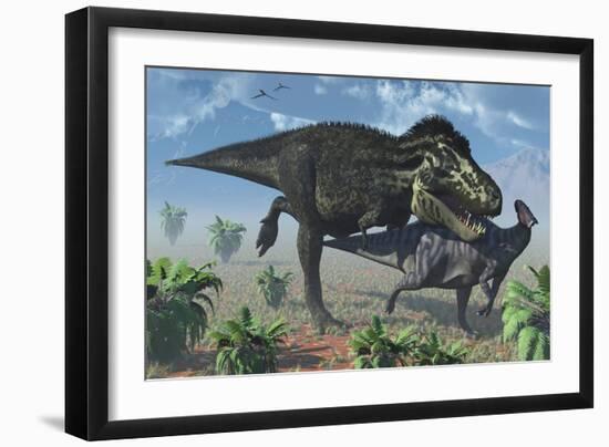 Tyrannosaurus Rex Hunting a Lone Parasaurolophus Duckbill Dinosaur-null-Framed Art Print