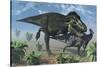 Tyrannosaurus Rex Hunting a Lone Parasaurolophus Duckbill Dinosaur-null-Stretched Canvas