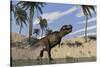 Tyrannosaurus Rex Hunting in Shallow Water-null-Stretched Canvas