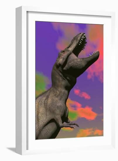 Tyrannosaurus Rex Roaring Against a Colorful Sky-null-Framed Art Print