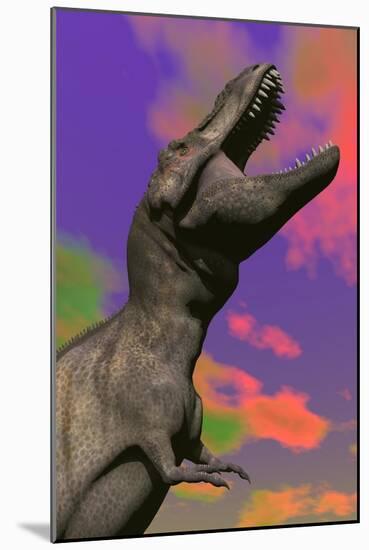 Tyrannosaurus Rex Roaring Against a Colorful Sky-null-Mounted Art Print