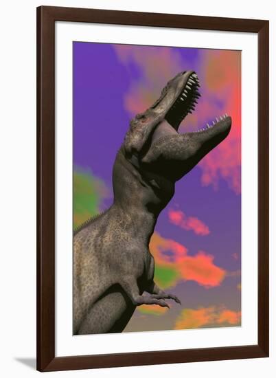 Tyrannosaurus Rex Roaring Against a Colorful Sky-null-Framed Art Print