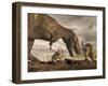 Tyrannosaurus Rex Roaring at Two Triceratops on Rocky Terrain-null-Framed Art Print