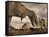 Tyrannosaurus Rex Roaring at Two Triceratops on Rocky Terrain-null-Framed Stretched Canvas