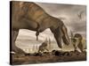 Tyrannosaurus Rex Roaring at Two Triceratops on Rocky Terrain-null-Stretched Canvas