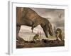 Tyrannosaurus Rex Roaring at Two Triceratops on Rocky Terrain-null-Framed Art Print