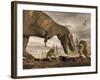 Tyrannosaurus Rex Roaring at Two Triceratops on Rocky Terrain-null-Framed Art Print
