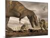 Tyrannosaurus Rex Roaring at Two Triceratops on Rocky Terrain-null-Mounted Art Print