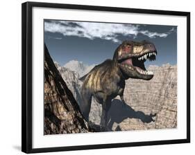 Tyrannosaurus Rex Roaring in a Canyon-Stocktrek Images-Framed Art Print