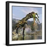 Tyrannosaurus Rex with a Freshly Killed Deinocheirus in its Mouth-Stocktrek Images-Framed Art Print