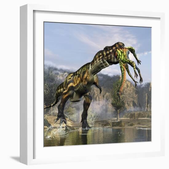 Tyrannosaurus Rex with a Freshly Killed Deinocheirus in its Mouth-Stocktrek Images-Framed Art Print