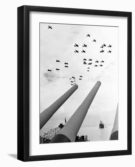 U.S. Aircraft Fly over the Guns of the U.S.S. Missouri-null-Framed Photographic Print