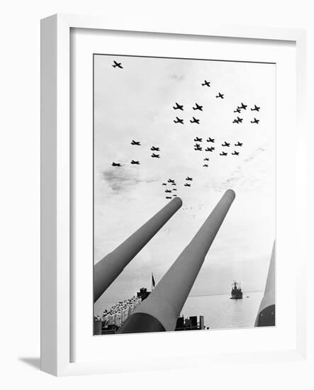 U.S. Aircraft Fly over the Guns of the U.S.S. Missouri-null-Framed Photographic Print