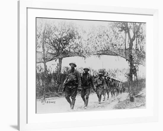 U.S. Army Infantry Troops Marching Northwest of Verdun, France, in World War I, 1918-null-Framed Photo