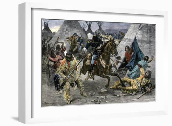 U.S. Cavalry Attacking a Sioux Indian Village, c.1800-null-Framed Giclee Print