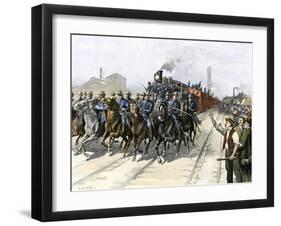 U.S. Cavalry Escorting a Meat Train from the Chicago Stockyards during the Pullman Strike, c.1894-null-Framed Giclee Print