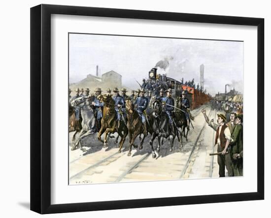 U.S. Cavalry Escorting a Meat Train from the Chicago Stockyards during the Pullman Strike, c.1894-null-Framed Giclee Print