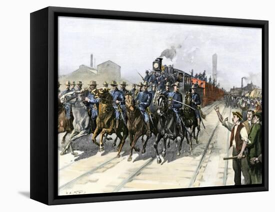 U.S. Cavalry Escorting a Meat Train from the Chicago Stockyards during the Pullman Strike, c.1894-null-Framed Stretched Canvas