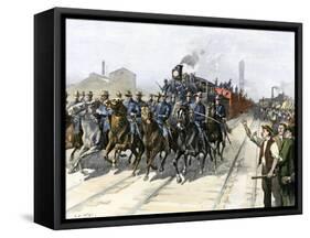 U.S. Cavalry Escorting a Meat Train from the Chicago Stockyards during the Pullman Strike, c.1894-null-Framed Stretched Canvas