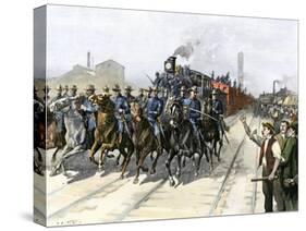 U.S. Cavalry Escorting a Meat Train from the Chicago Stockyards during the Pullman Strike, c.1894-null-Stretched Canvas