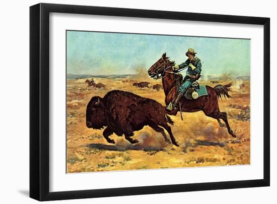 U.S. Cavalry Hunting Buffalo-Charles Shreyvogel-Framed Art Print