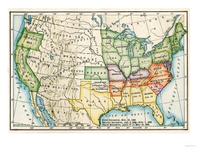 'U.S. Map Showing Seceeding States by Date, American Civil War, c.1861 ...
