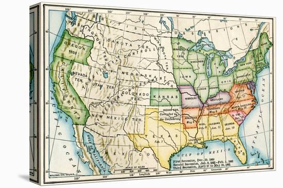U.S. Map Showing Seceeding States by Date, American Civil War, c.1861-null-Stretched Canvas
