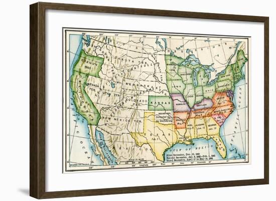 U.S. Map Showing Seceeding States by Date, American Civil War, c.1861-null-Framed Giclee Print