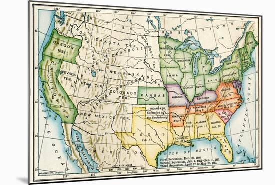 U.S. Map Showing Seceeding States by Date, American Civil War, c.1861-null-Mounted Giclee Print