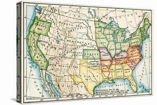 U.S. Map Showing Seceeding States by Date, American Civil War, c.1861-null-Stretched Canvas