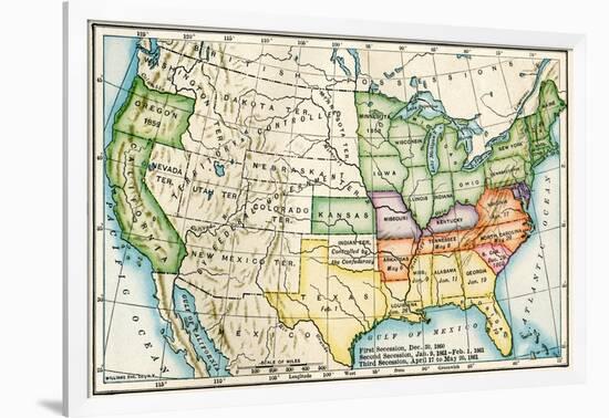 U.S. Map Showing Seceeding States by Date, American Civil War, c.1861-null-Framed Giclee Print