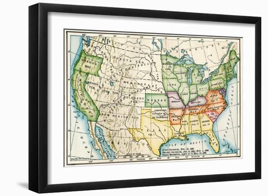 U.S. Map Showing Seceeding States by Date, American Civil War, c.1861-null-Framed Premium Giclee Print