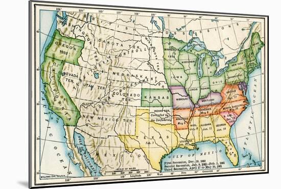 U.S. Map Showing Seceeding States by Date, American Civil War, c.1861-null-Mounted Giclee Print