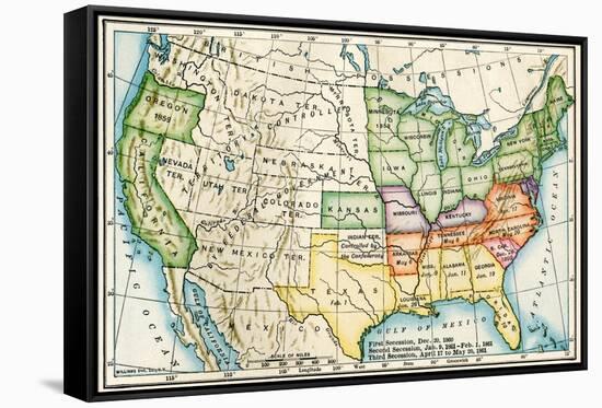 U.S. Map Showing Seceeding States by Date, American Civil War, c.1861-null-Framed Stretched Canvas