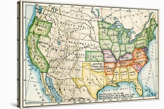 U.S. Map Showing Seceeding States by Date, American Civil War, c.1861-null-Stretched Canvas