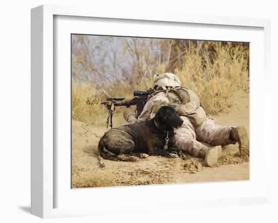 U.S. Marine And a Military Working Dog Provide Security in Afghanistan-Stocktrek Images-Framed Photographic Print