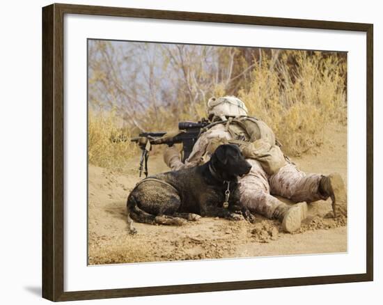 U.S. Marine And a Military Working Dog Provide Security in Afghanistan-Stocktrek Images-Framed Photographic Print