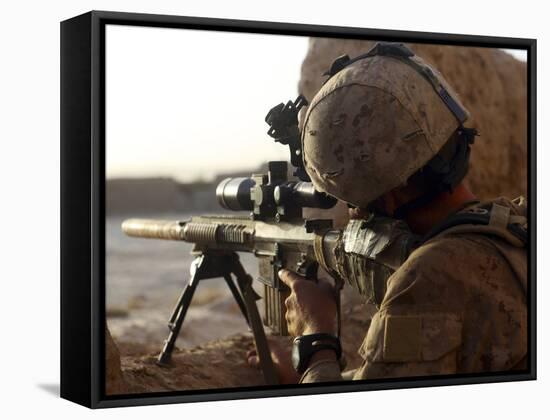 U.S. Marine Looks Through the Scope of His M16A4 Rifle for Enemy Forces-Stocktrek Images-Framed Stretched Canvas