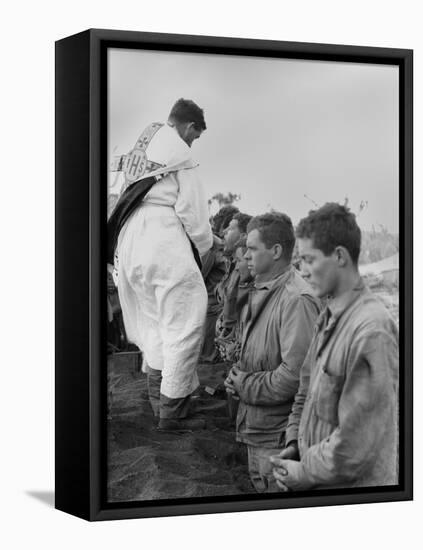 U.S. Marines and a Chaplain Celebrate Catholic Communion During the Battle of Iwo Jima-null-Framed Stretched Canvas