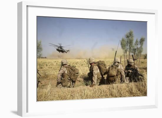 U.S. Marines Watch as Ch-53E Super Stallion Helicopters Land in a Field-null-Framed Photographic Print