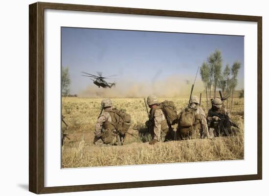 U.S. Marines Watch as Ch-53E Super Stallion Helicopters Land in a Field-null-Framed Photographic Print