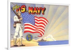 U.S. Navy Sailor with Flag and Ship-null-Framed Art Print