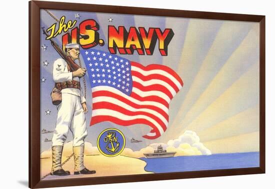 U.S. Navy Sailor with Flag and Ship-null-Framed Art Print