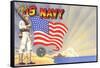 U.S. Navy Sailor with Flag and Ship-null-Framed Stretched Canvas