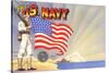 U.S. Navy Sailor with Flag and Ship-null-Stretched Canvas