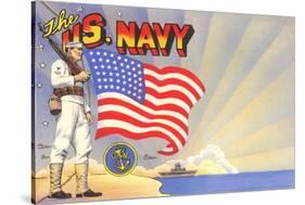 U.S. Navy Sailor with Flag and Ship-null-Stretched Canvas